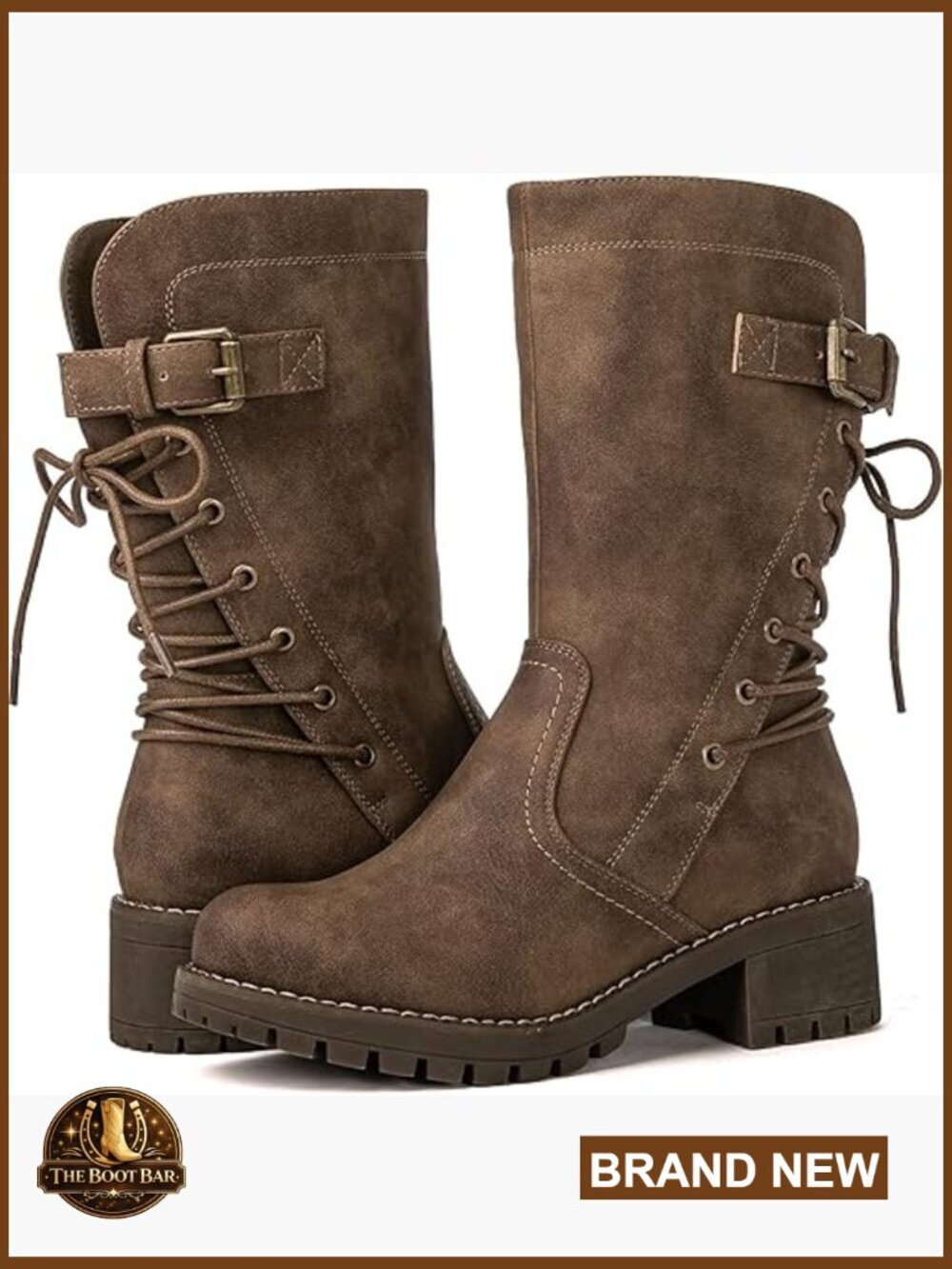 Mid Calf Lace Up Biker Boots Vegan Leather Motorcycle Combat Riding